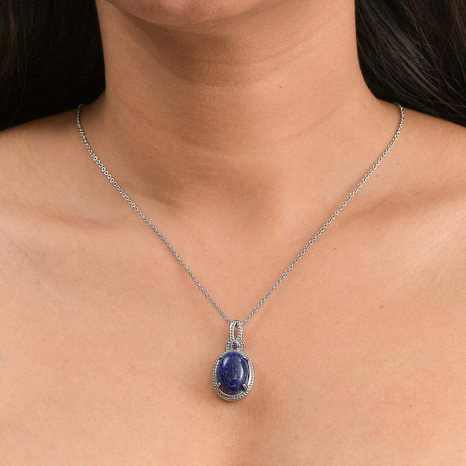 EverTrue Lapis Lazuli and African Amethyst 10.50 ctw Pendant Necklace in Stainless Steel 20 Inches