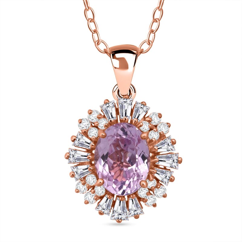D'Joy AAA Patroke Kunzite, Moissanite Starburst Pendant Necklace in 18K Vermeil RG Over Sterling Silver 3.30 ctw (20 Inches)