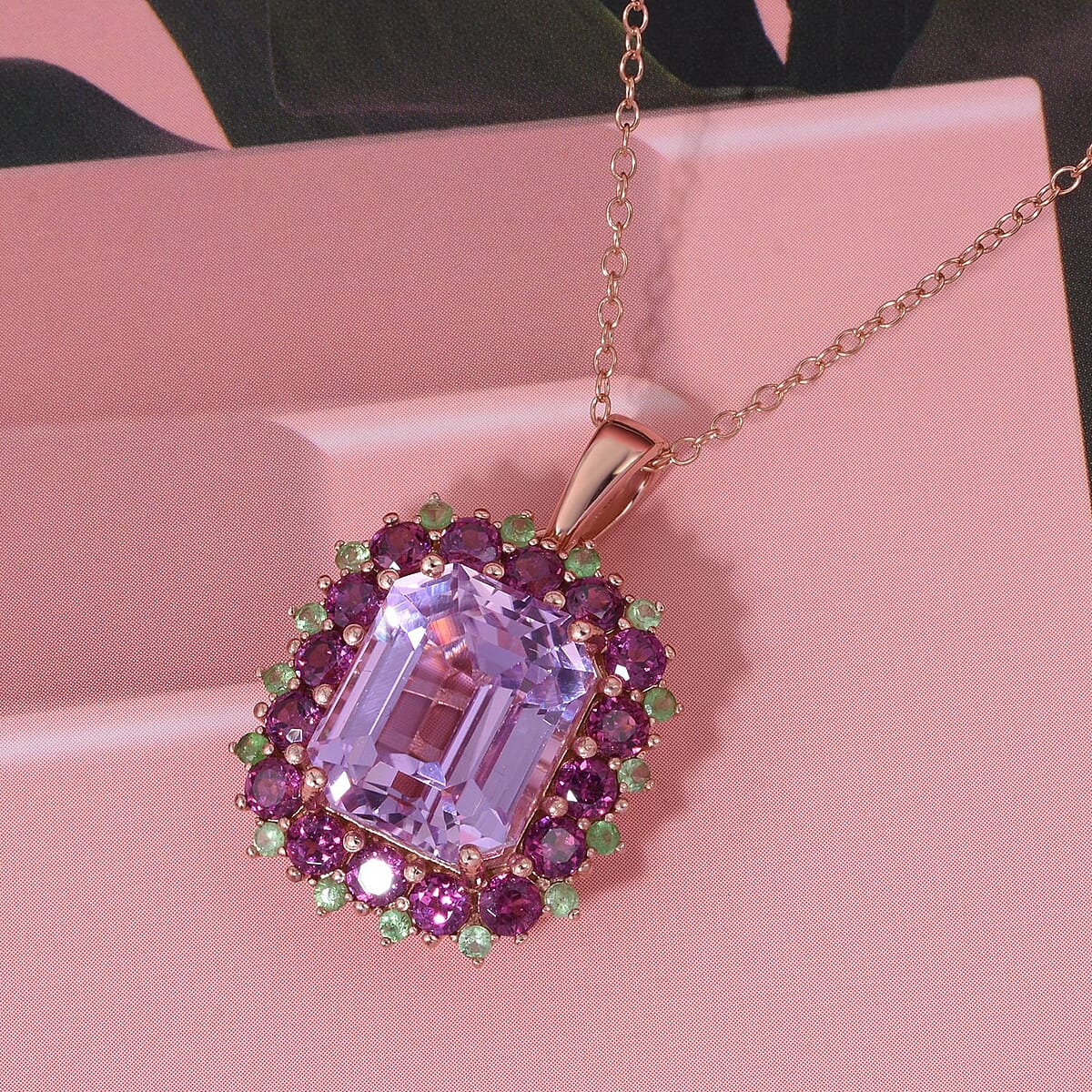 D'Joy AAA Patroke Kunzite and Multi Gemstone 9.85 ctw Majesty Bloom Pendant Necklace in 18K Vermeil Rose Gold Over Sterling Silver 20 Inches image number 1