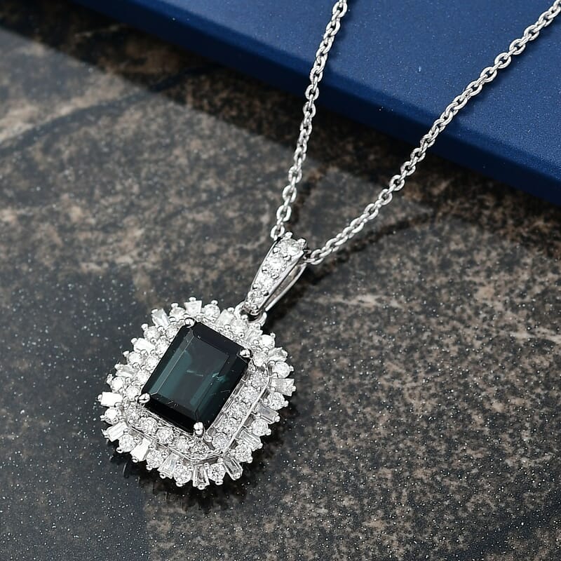 IGI Certified Luxoro AAA Monte Belo Indicolite and Diamond I2 2.45 ctw Art Deco Pendant Necklace in 10K White Gold 20 Inches