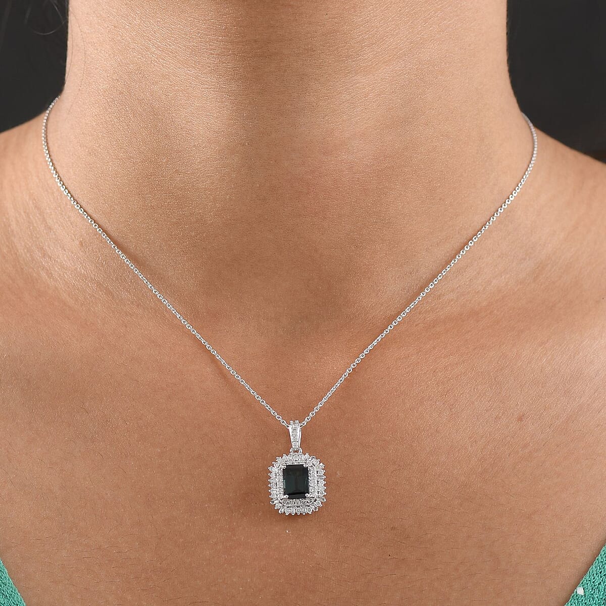 IGI Certified Luxoro AAA Monte Belo Indicolite and Diamond I2 2.45 ctw Art Deco Pendant Necklace in 10K White Gold 20 Inches image number 2