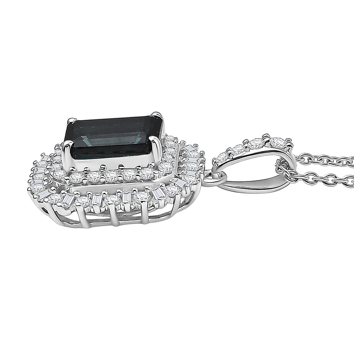 IGI Certified Luxoro AAA Monte Belo Indicolite and Diamond I2 2.45 ctw Art Deco Pendant Necklace in 10K White Gold 20 Inches image number 3