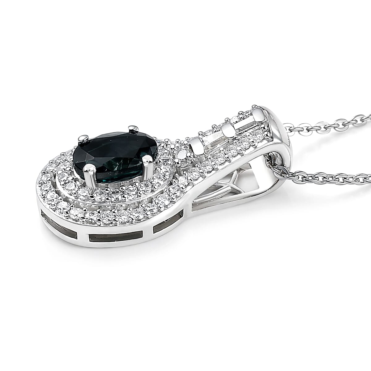 D'Joy AAA Monte Belo Indicolite and Moissanite 1.10 ctw Pendant Necklace in Rhodium Over Sterling Silver 20 Inches image number 3