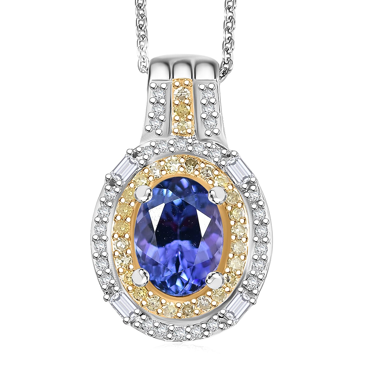 Doorbuster D'Joy Premium Tanzanite, Natural Yellow and White Diamond 1.60 ctw Royal Horizon Pendant Necklace in Rhodium Over Sterling Silver 20 Inches image number 0