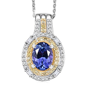 Doorbuster D'Joy Premium Tanzanite, Natural Yellow and White Diamond 1.60 ctw Royal Horizon Pendant Necklace in Rhodium Over Sterling Silver 20 Inches