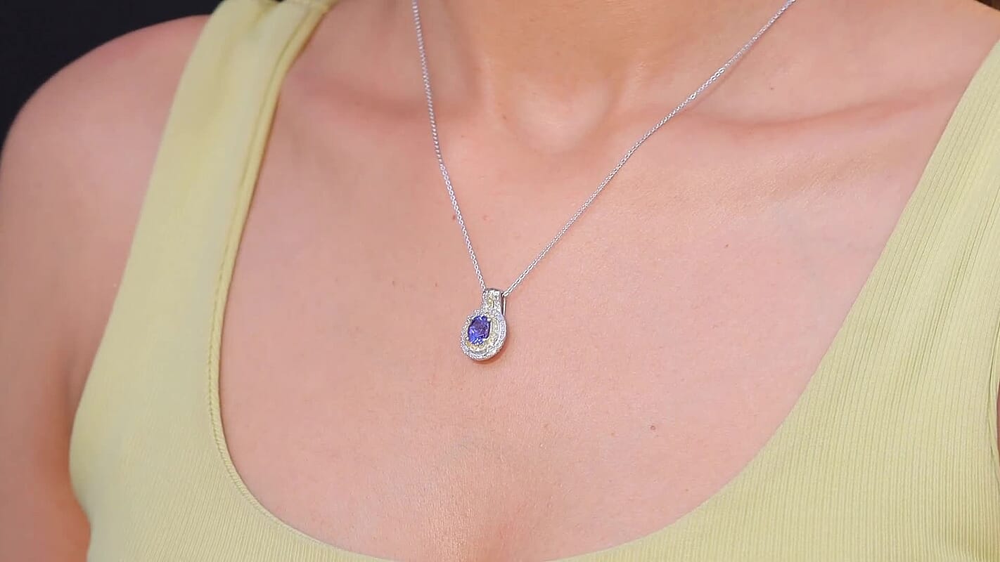 D'Joy Premium Tanzanite, Natural Yellow and White Diamond 1.60 ctw Royal Horizon Pendant Necklace in Rhodium Over Sterling Silver 20 Inches