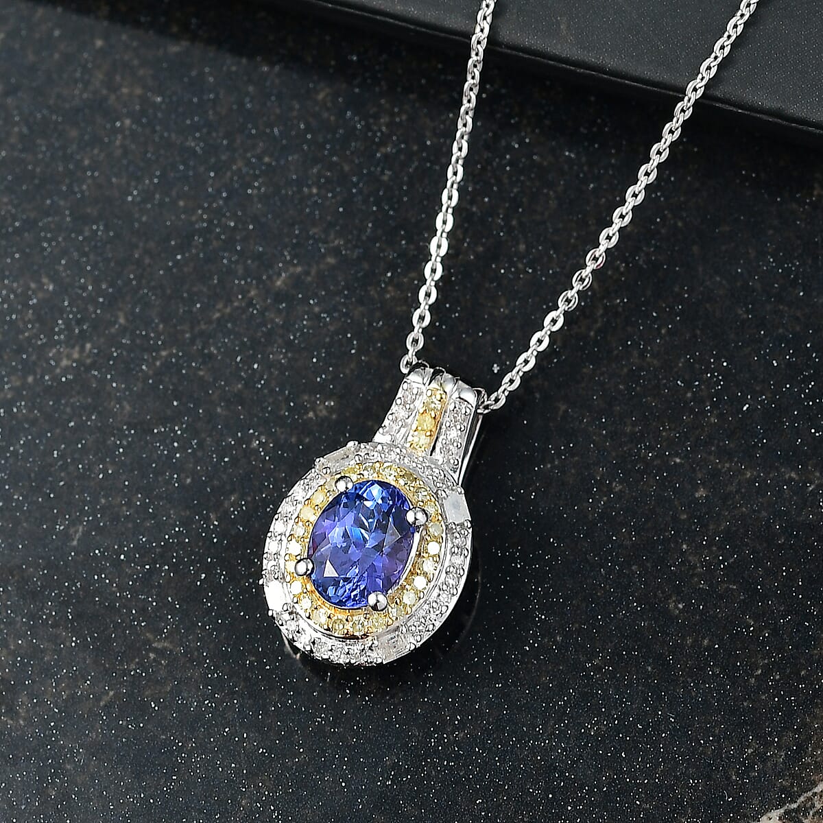 Doorbuster D'Joy Premium Tanzanite, Natural Yellow and White Diamond 1.60 ctw Royal Horizon Pendant Necklace in Rhodium Over Sterling Silver 20 Inches image number 1