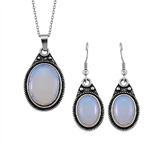Opalite 110.00 ctw Earrings and Pendant in Silvertone with Stainless Steel Necklace 20 Inches