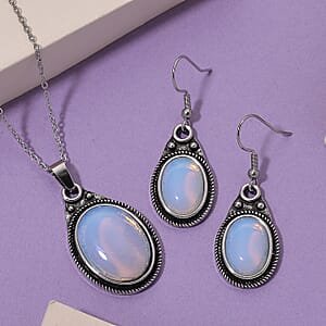 Opalite 110.00 ctw Earrings and Pendant in Silvertone with Stainless Steel Necklace 20 Inches