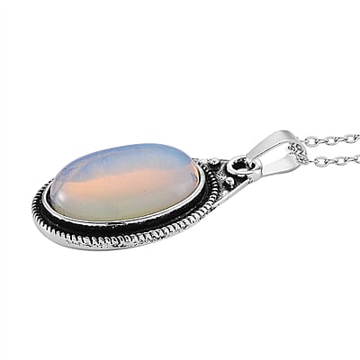 Opalite 110.00 ctw Earrings and Pendant in Silvertone with Stainless Steel Necklace 20 Inches