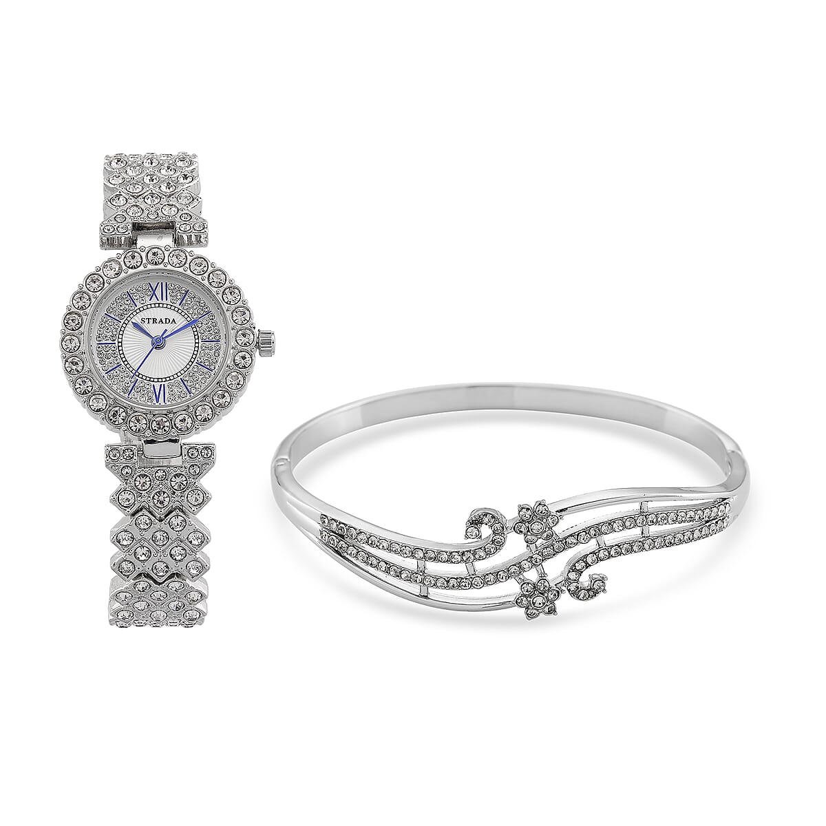 Strada Austrian Crystal Japanese Movement Watch and Bangle Bracelet (7.5 In) in Silvertone image number 0