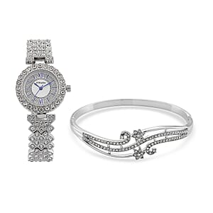 Strada Austrian Crystal Japanese Movement Watch and Bangle Bracelet (7.5 In) in Silvertone