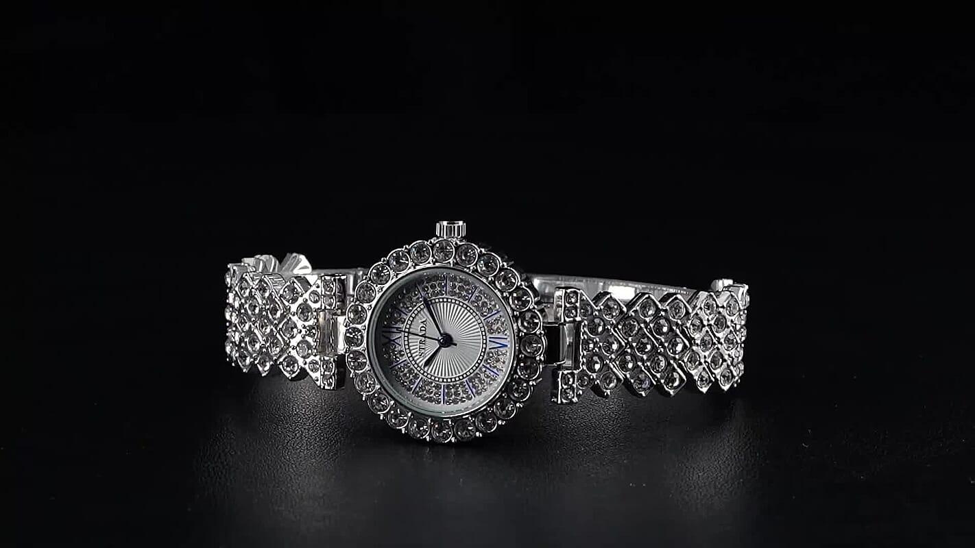 Strada Austrian Crystal Japanese Movement Watch and Bangle Bracelet (7.5 In) in Silvertone