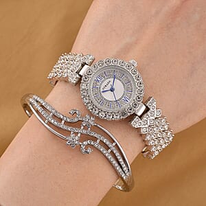 Strada Austrian Crystal Japanese Movement Watch and Bangle Bracelet (7.5 In) in Silvertone