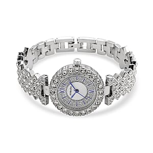 Strada Austrian Crystal Japanese Movement Watch and Bangle Bracelet (7.5 In) in Silvertone