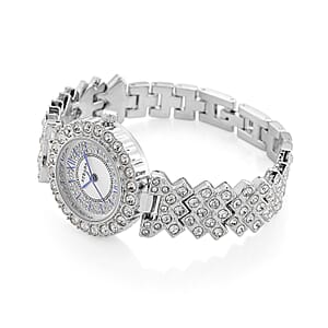 Strada Austrian Crystal Japanese Movement Watch and Bangle Bracelet (7.5 In) in Silvertone