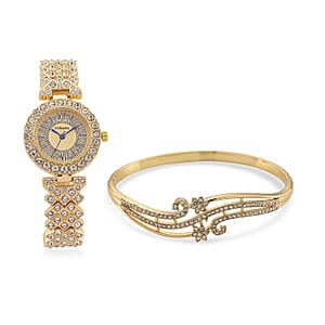 Strada Austrian Crystal Japanese Movement Watch and Bangle Bracelet (7.5 In) in Goldtone