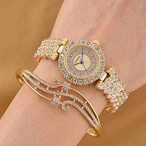 Strada Austrian Crystal Japanese Movement Watch and Bangle Bracelet (7.5 In) in Goldtone