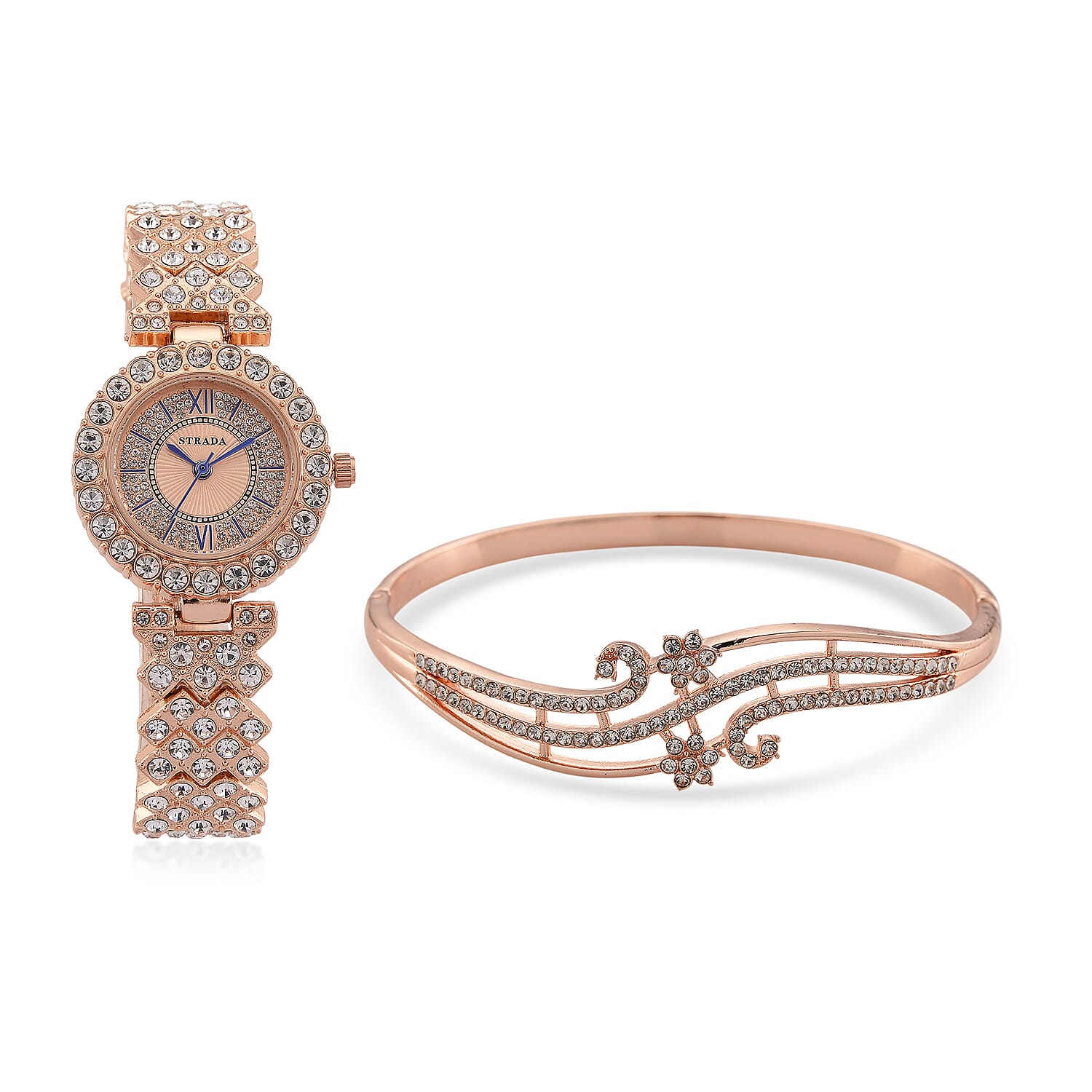 Strada Austrian Crystal Japanese Movement Watch and Bangle Bracelet (7.5 In) in Silvertone