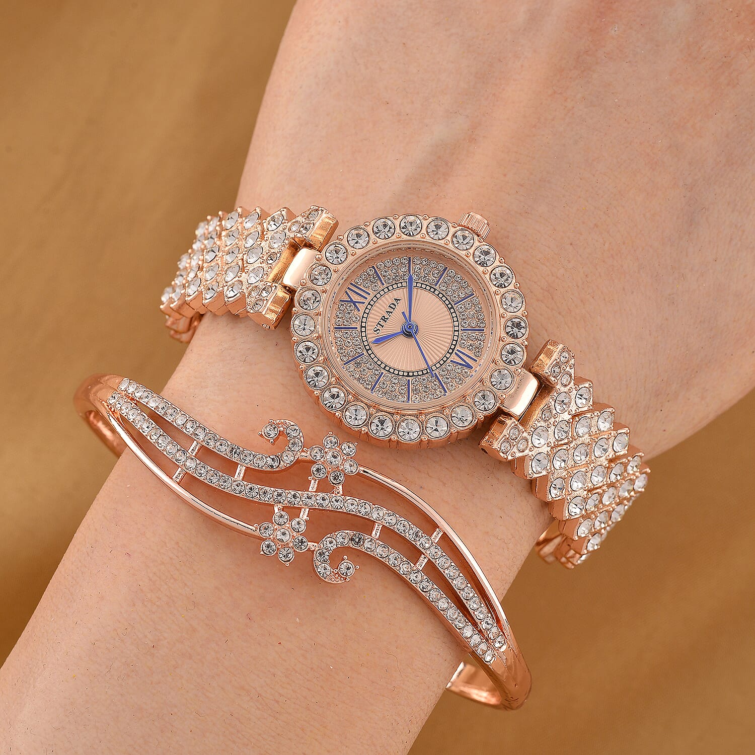 Strada Austrian Crystal Japanese Movement Watch and Bangle Bracelet (7.5 In) in Rosetone