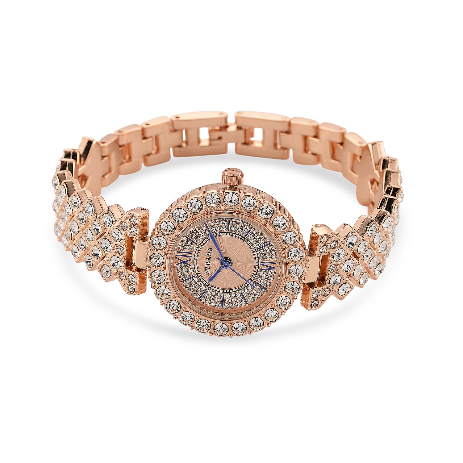Strada Austrian Crystal Japanese Movement Watch and Bangle Bracelet (7.5 In) in Rosetone