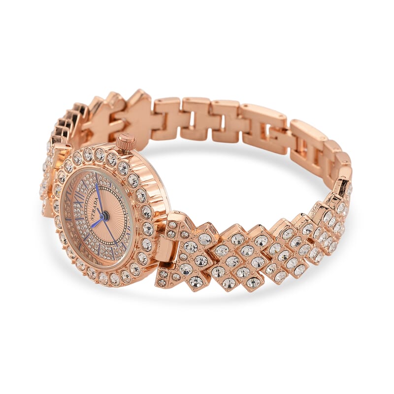Strada Austrian Crystal Japanese Movement Watch and Bangle Bracelet (7.5 In) in Rosetone