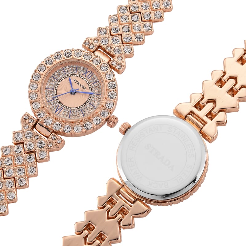Strada Austrian Crystal Japanese Movement Watch and Bangle Bracelet (7.5 In) in Rosetone