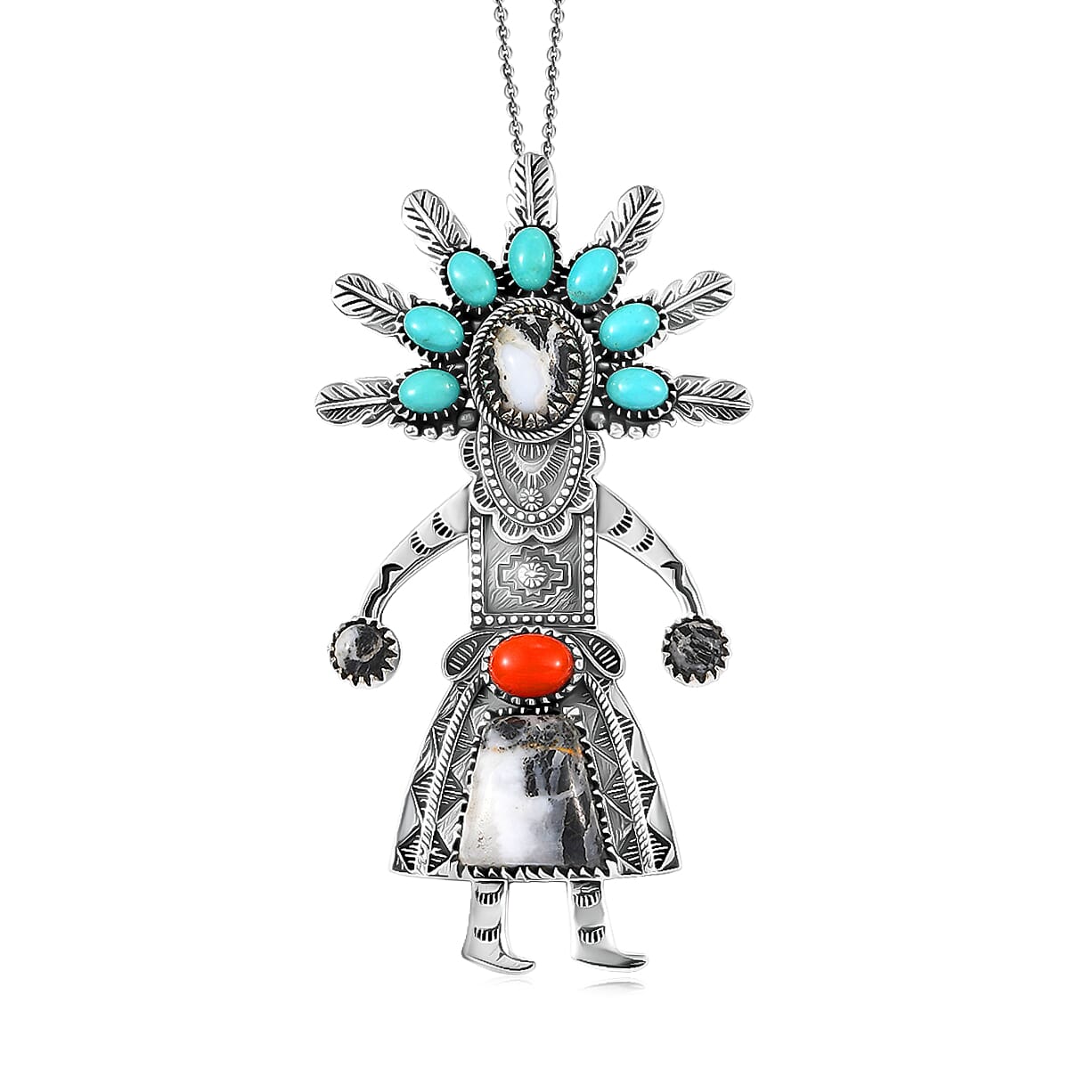 D'Joy Artisan Crafted Premium White Buffalo and Multi Gemstone 18.80 ctw Pendant Necklace in Black Oxidised Sterling Silver 18 Inches image number 0