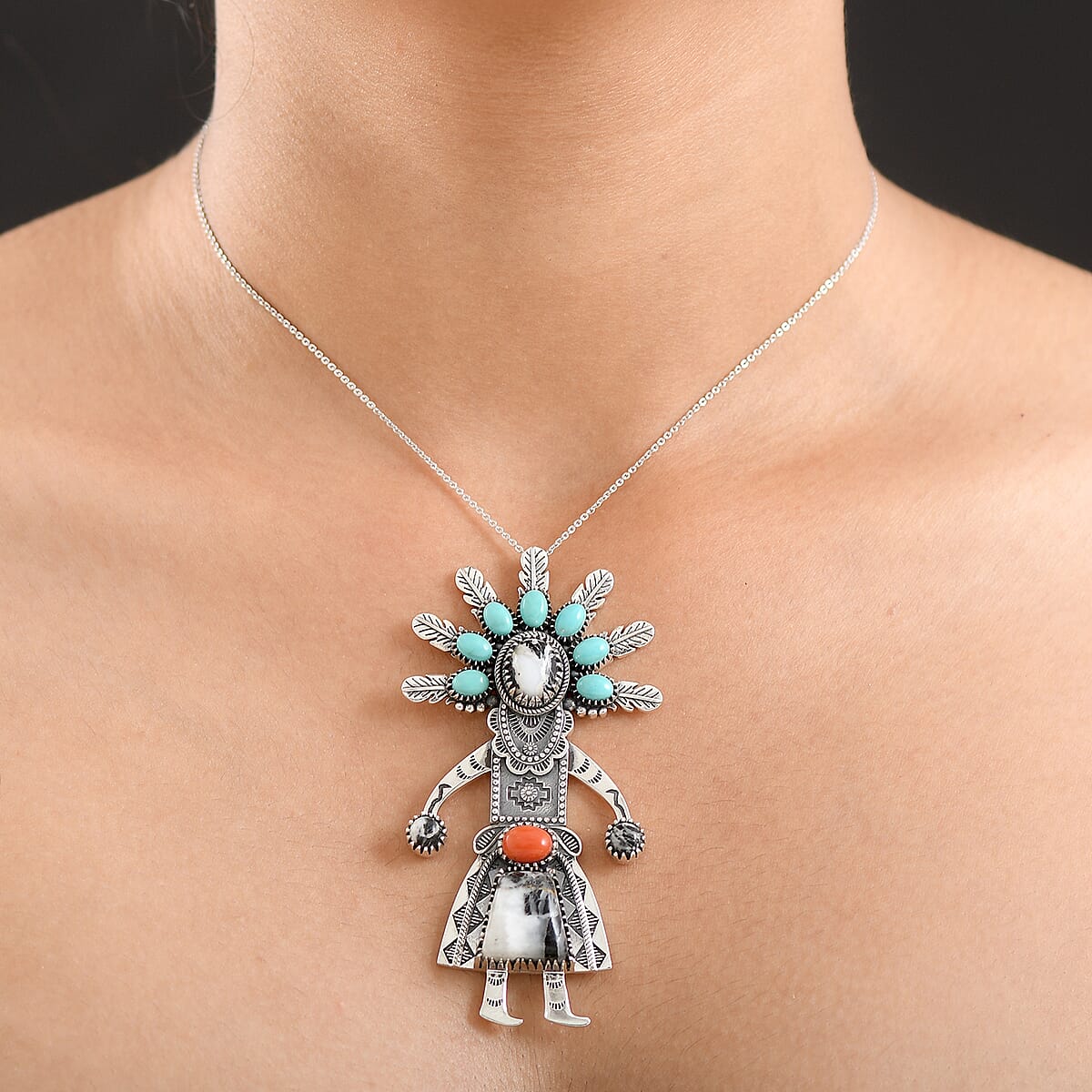 D'Joy Artisan Crafted Premium White Buffalo and Multi Gemstone 18.80 ctw Pendant Necklace in Black Oxidised Sterling Silver 18 Inches image number 2