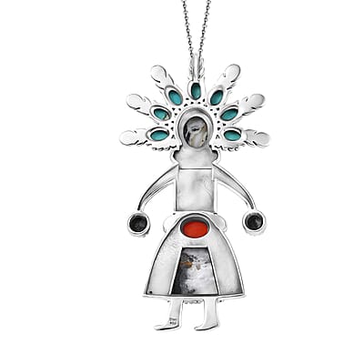 D'Joy Artisan Crafted Premium White Buffalo and Multi Gemstone 18.80 ctw Pendant Necklace in Black Oxidised Sterling Silver 18 Inches