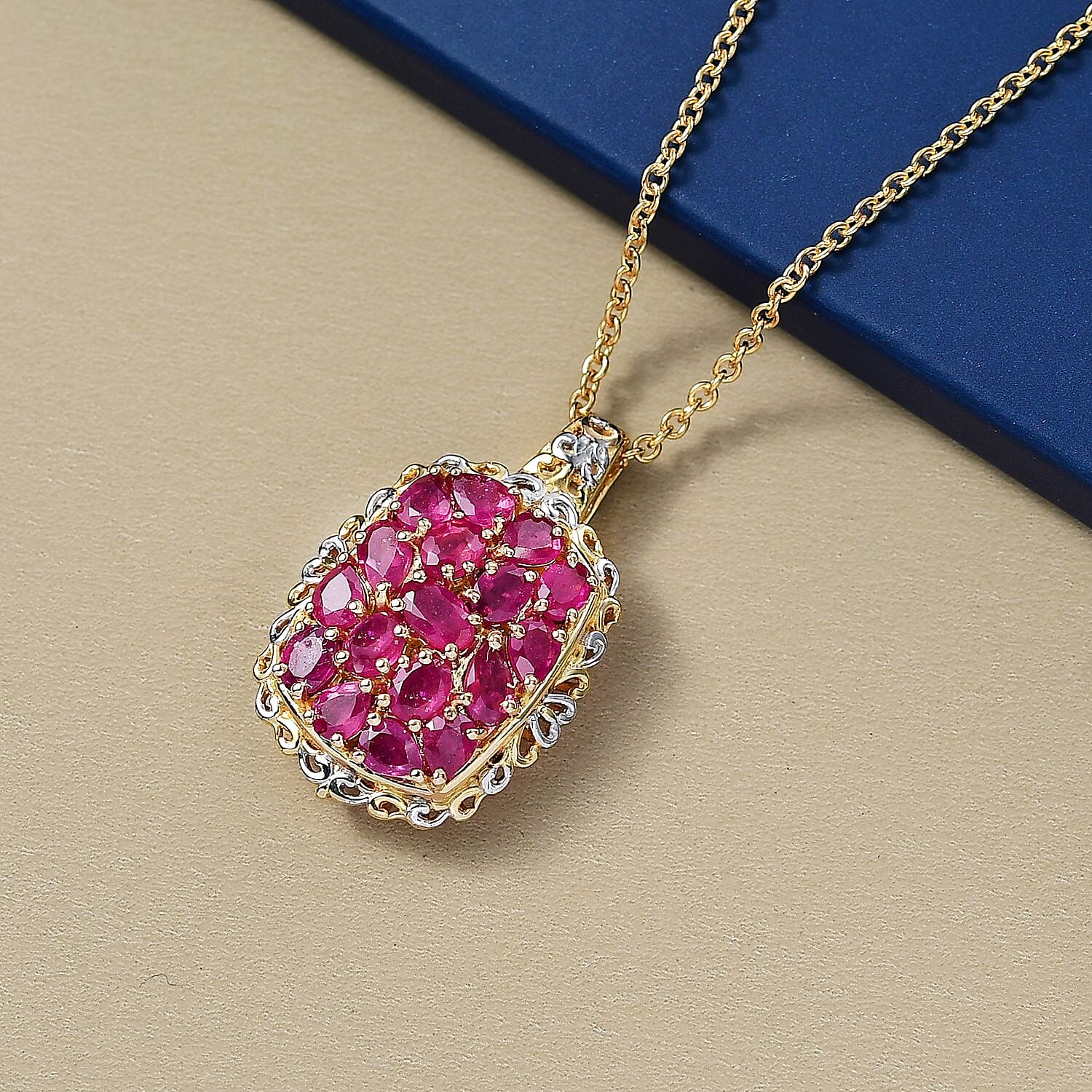 EverTrue Niassa Ruby (FF) 4.30 ctw Pendant in 18K YG Plated and Platinum Bond with ION Plated YG Stainless Steel Necklace (20 Inches)
