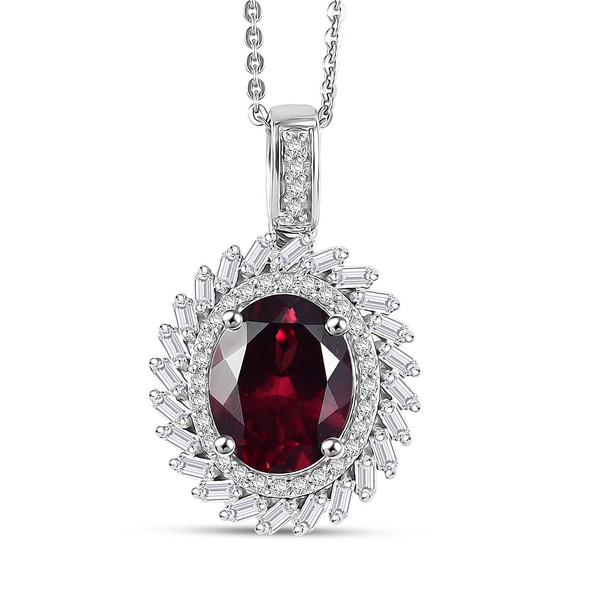 Doorbuster D'Joy Orissa Rhodolite Garnet and Moissanite 3.85 ctw Starburst Pendant Necklace in Rhodium Over Sterling Silver 20 Inches image number 0