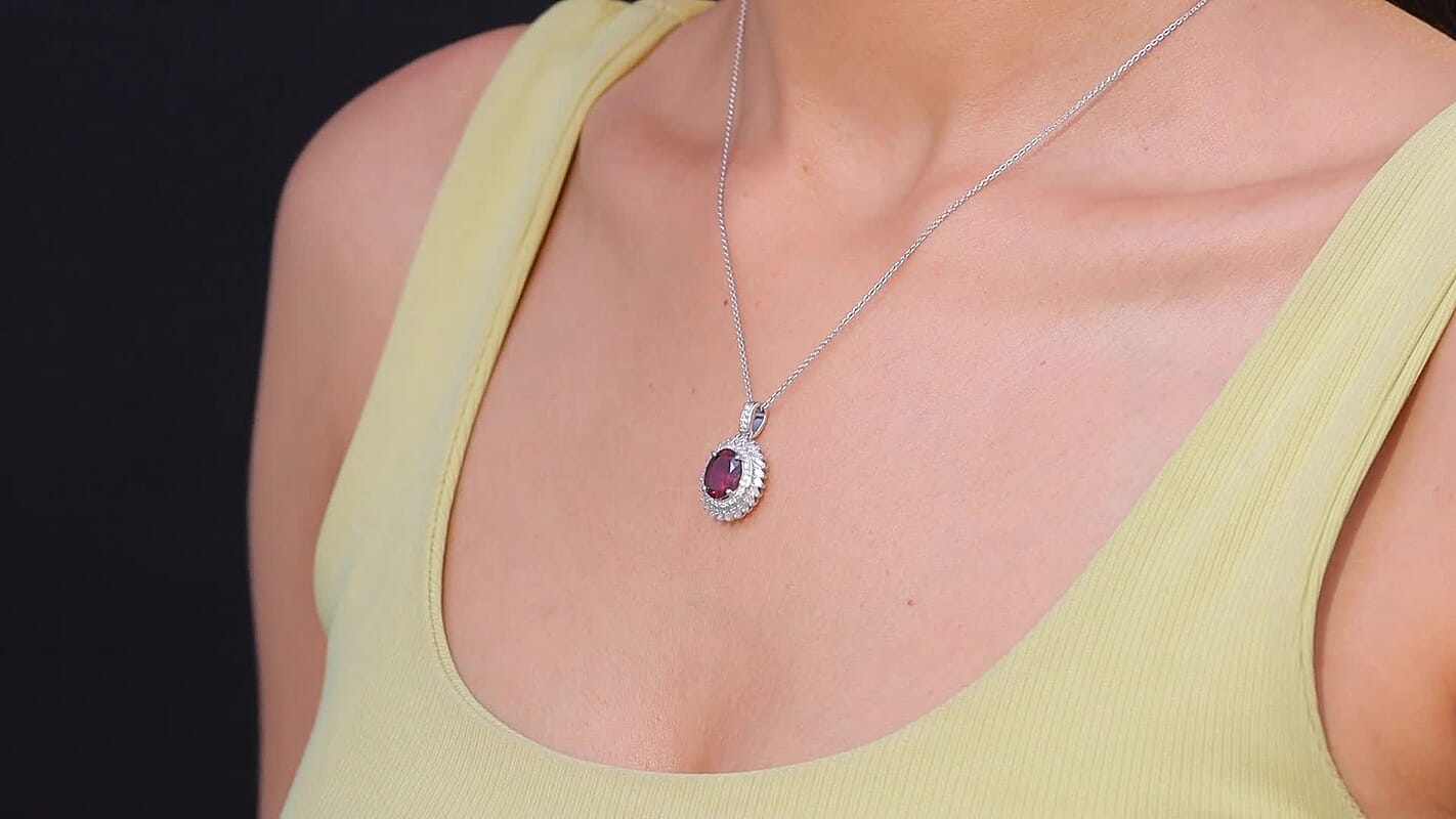 D'Joy Orissa Rhodolite Garnet, Moissanite Starburst Pendant Necklace in Rhodium Over Sterling Silver 11.10 ctw (20 Inches)