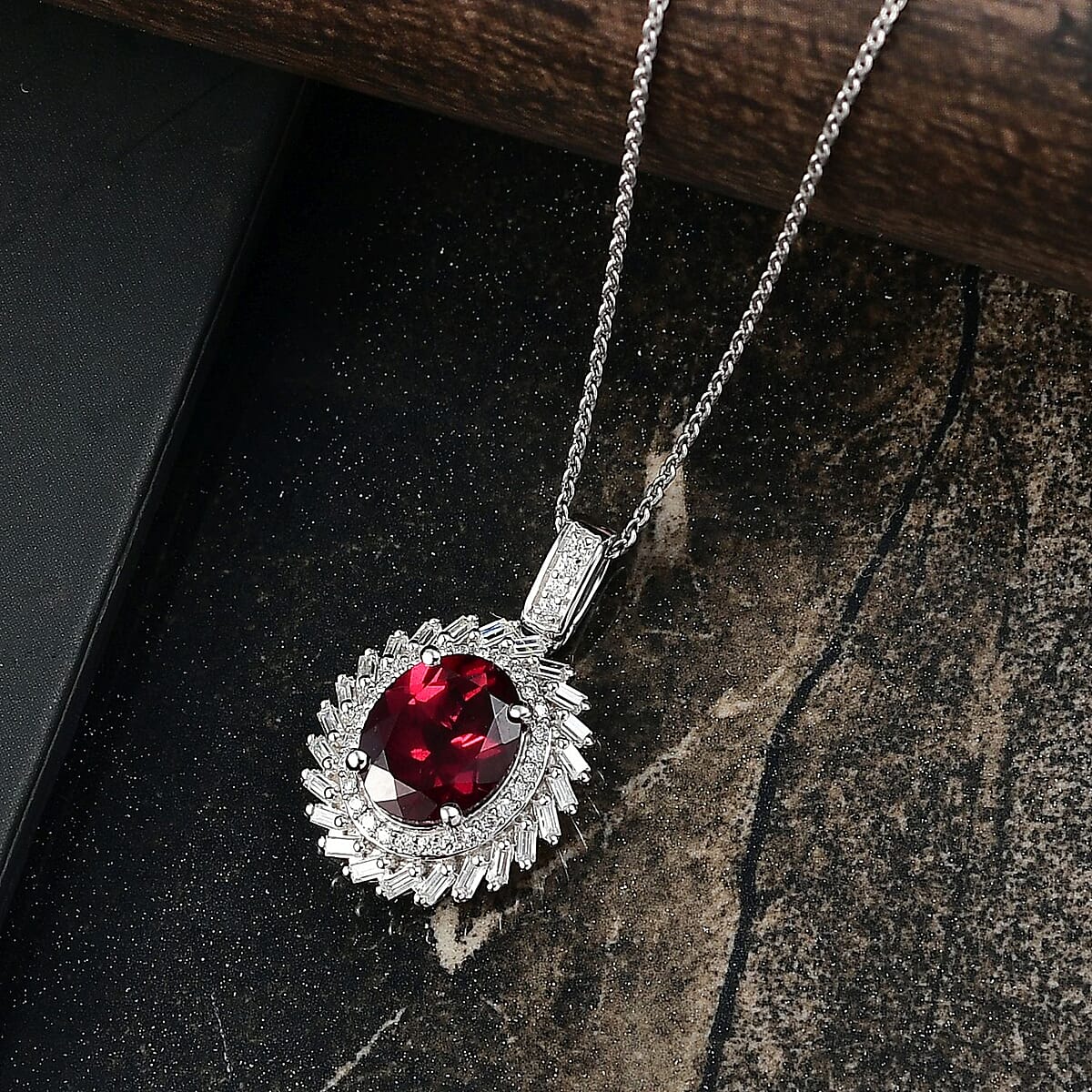 Doorbuster D'Joy Orissa Rhodolite Garnet and Moissanite 3.85 ctw Starburst Pendant Necklace in Rhodium Over Sterling Silver 20 Inches image number 1