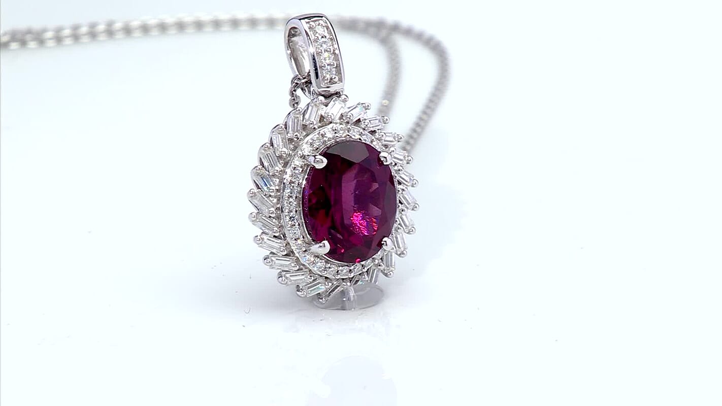 D'Joy Orissa Rhodolite Garnet, Moissanite Starburst Pendant Necklace in Rhodium Over Sterling Silver 11.10 ctw (20 Inches)