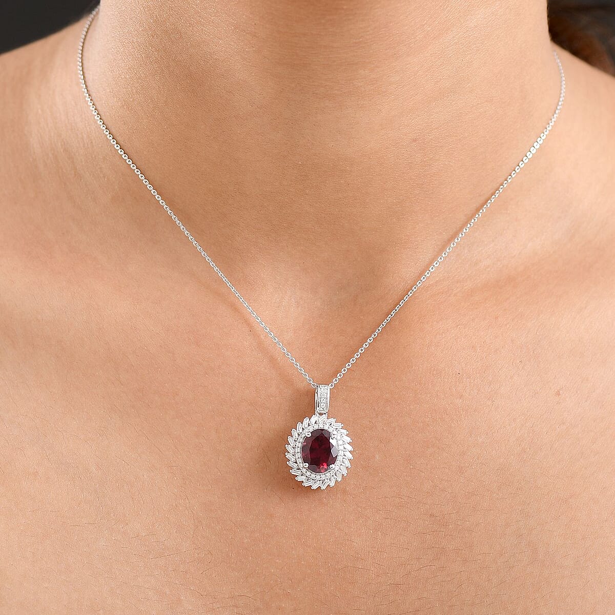 Doorbuster D'Joy Orissa Rhodolite Garnet and Moissanite 3.85 ctw Starburst Pendant Necklace in Rhodium Over Sterling Silver 20 Inches image number 2