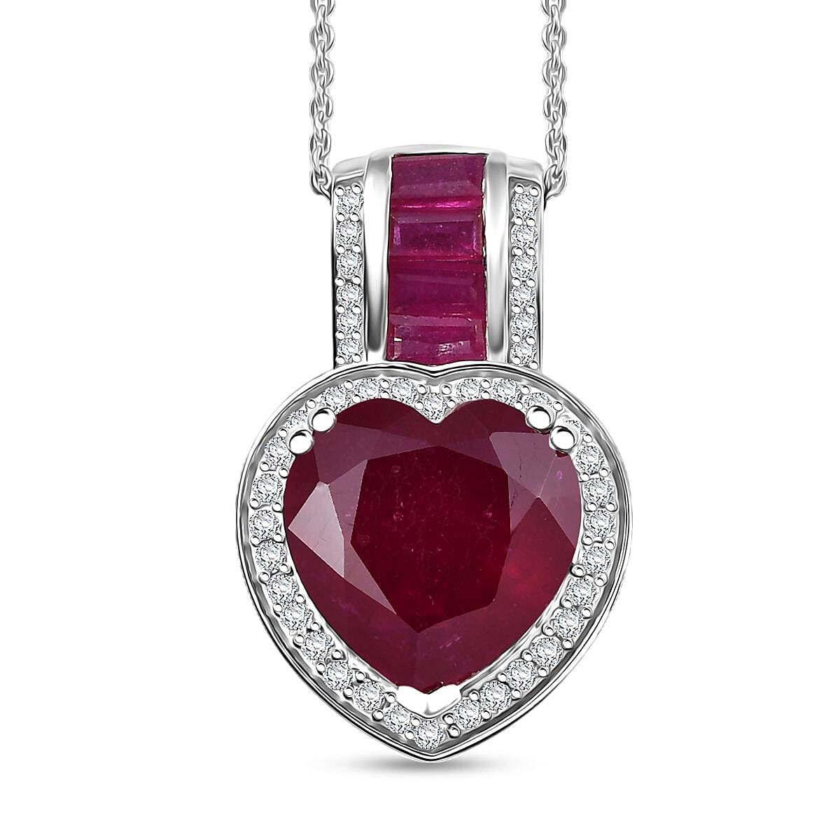 Doorbuster D'Joy Premium African Ruby (FF) and Moissanite 10.25 ctw Royal Legacy Pendant Necklace in Rhodium Over Sterling Silver 20 Inches image number 0