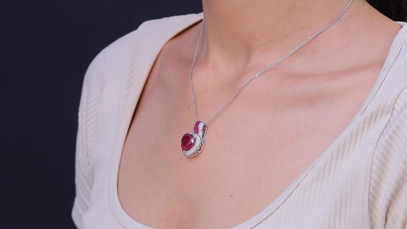 D'Joy Premium African Ruby (FF), Moissanite Heart Pendant Necklace (20 Inches) in Rhodium Over Sterling Silver 10.60 ctw