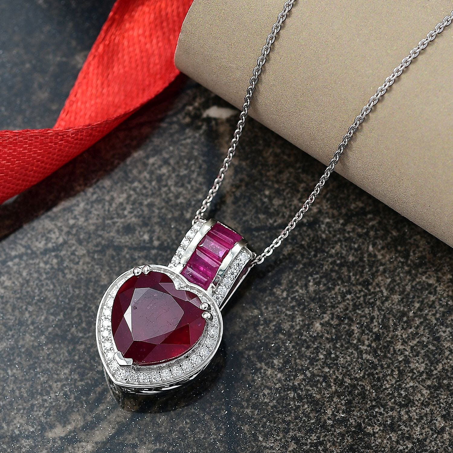 D'Joy Premium African Ruby (FF) and Moissanite 10.25 ctw Royal Legacy Pendant Necklace in Rhodium Over Sterling Silver 20 Inches