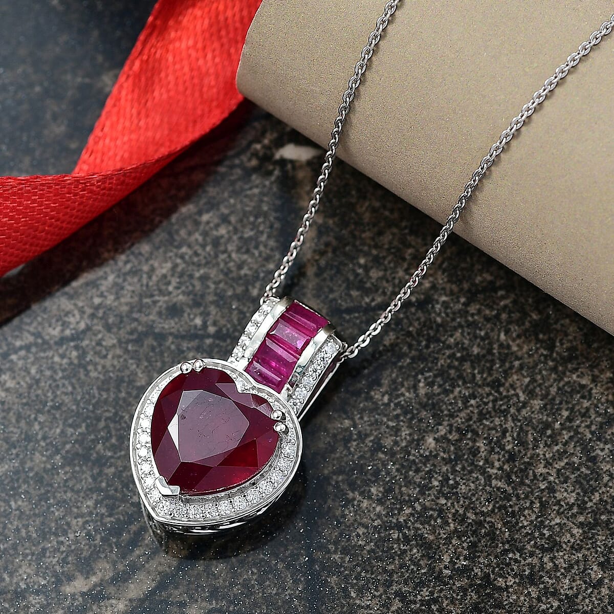 Doorbuster D'Joy Premium African Ruby (FF) and Moissanite 10.25 ctw Royal Legacy Pendant Necklace in Rhodium Over Sterling Silver 20 Inches image number 1