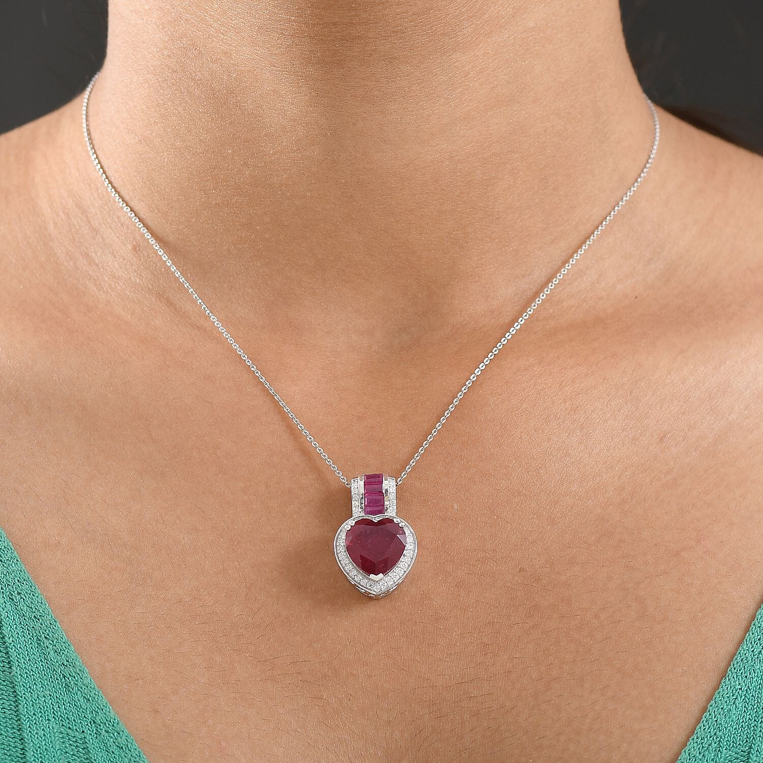 D'Joy Premium African Ruby (FF) and Moissanite 10.25 ctw Royal Legacy Pendant Necklace in Rhodium Over Sterling Silver 20 Inches