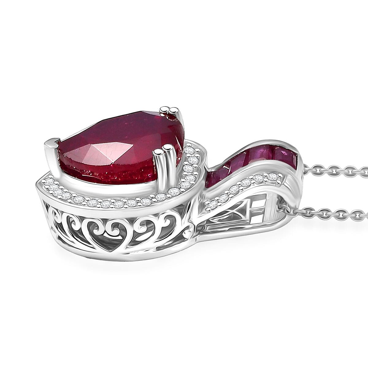 Doorbuster D'Joy Premium African Ruby (FF) and Moissanite 10.25 ctw Royal Legacy Pendant Necklace in Rhodium Over Sterling Silver 20 Inches image number 3