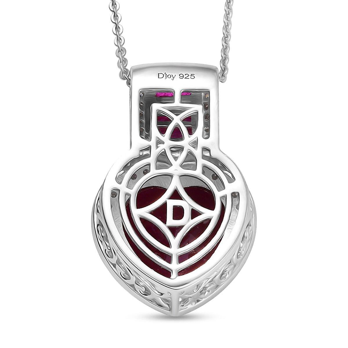 D'Joy Premium African Ruby (FF) and Moissanite 10.25 ctw Royal Legacy Pendant Necklace in Rhodium Over Sterling Silver 20 Inches