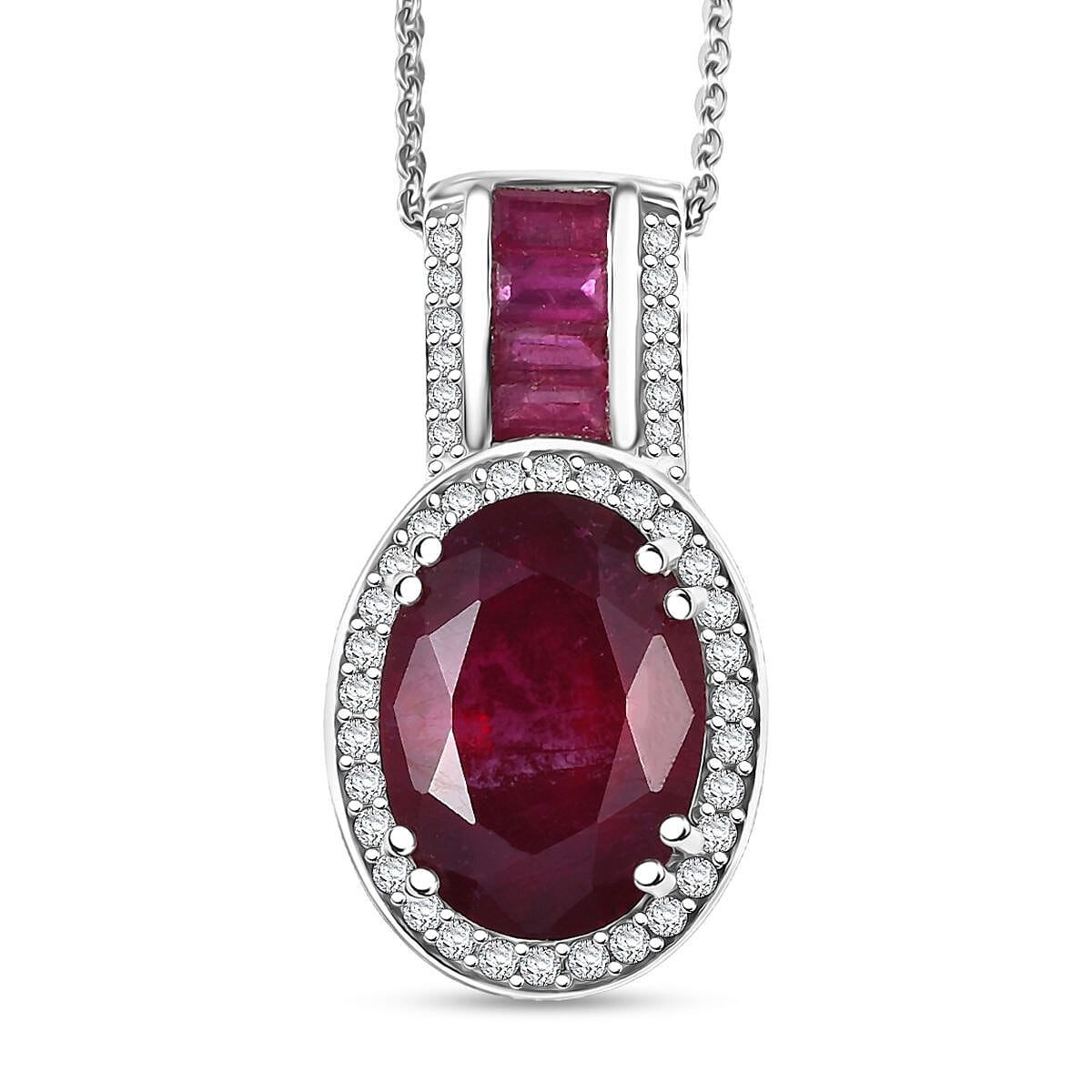 Doorbuster D'Joy Premium African Ruby (FF) and Moissanite 10.35 ctw Royal Legacy Pendant Necklace in Rhodium Over Sterling Silver 20 Inches image number 0