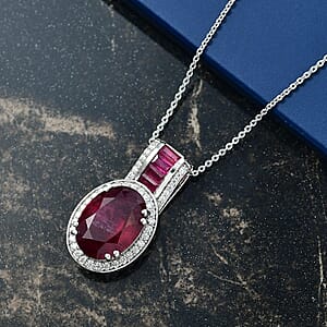 Doorbuster D'Joy Premium African Ruby (FF) and Moissanite 10.35 ctw Royal Legacy Pendant Necklace in Rhodium Over Sterling Silver 20 Inches