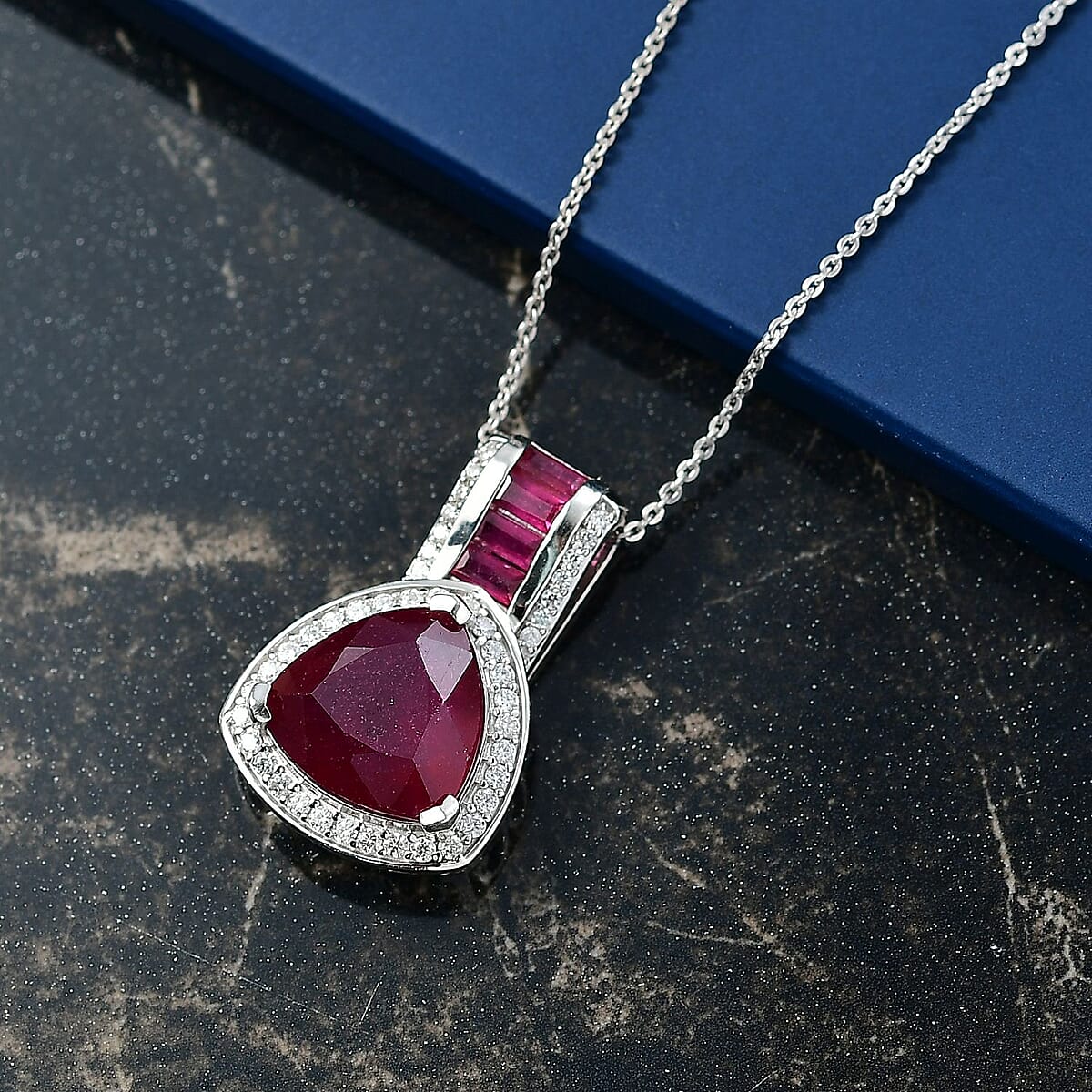 Doorbuster D'Joy Premium African Ruby (FF) and Moissanite 10.00 ctw Royal Legacy Pendant Necklace in Rhodium Over Sterling Silver 20 Inches image number 1