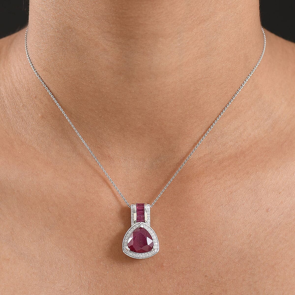 Doorbuster D'Joy Premium African Ruby (FF) and Moissanite 10.00 ctw Royal Legacy Pendant Necklace in Rhodium Over Sterling Silver 20 Inches image number 2