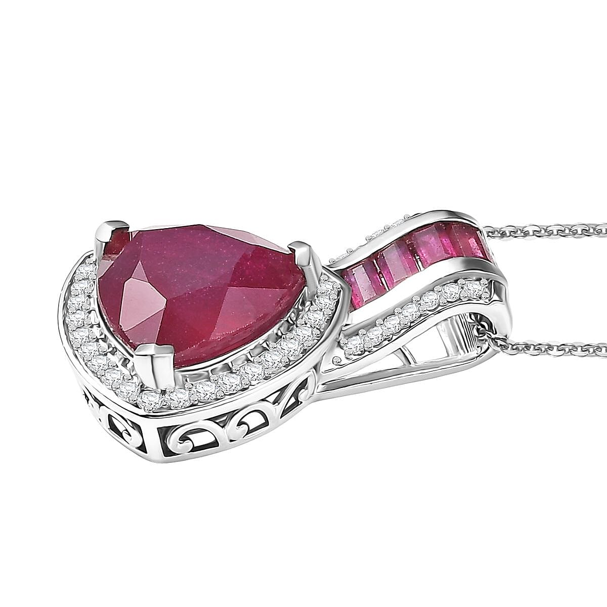 Doorbuster D'Joy Premium African Ruby (FF) and Moissanite 10.00 ctw Royal Legacy Pendant Necklace in Rhodium Over Sterling Silver 20 Inches image number 3