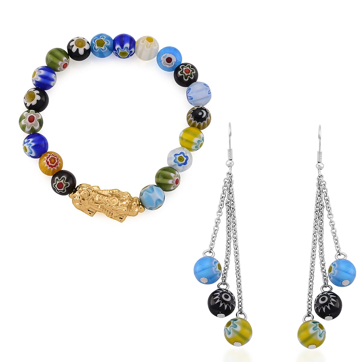 Multi Color Murano Style Beaded Stretch Bracelet with Pixiu Charm and Dangling Earrings in Goldtone and Stainless Steel image number 0
