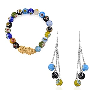 Multi Color Murano Style Beaded Stretch Bracelet with Pixiu Charm and Dangling Earrings in Goldtone and Stainless Steel